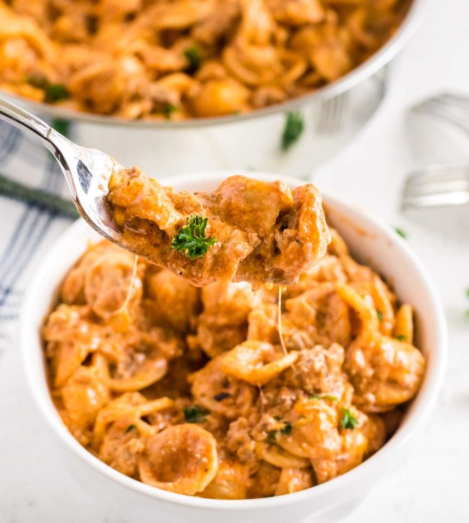 forkful of creamy shell pasta with beef