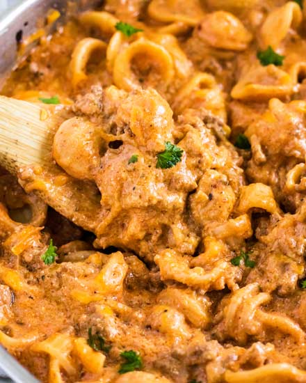 This creamy and cheesy Beef and Shells pasta recipe is the ultimate family comfort food.  Perfect for a weeknight dinner idea, it's like a homemade, and way tastier, version of hamburger helper! #beef #pasta #shells #creamy #cheesy #dinner #weeknight #easydinner