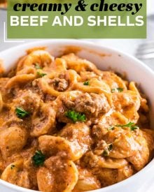 This creamy and cheesy Beef and Shells pasta recipe is the ultimate family comfort food.  Perfect for a weeknight dinner idea, it's like a homemade, and way tastier, version of hamburger helper! #beef #pasta #shells #creamy #cheesy #dinner #weeknight #easydinner