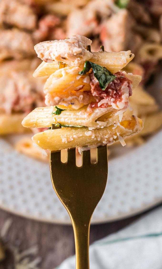 pasta on fork with chicken