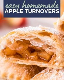 These homemade Apple Turnovers are filled with a spiced apple filling and baked in flaky, buttery puff pastry dough. Dust with powdered sugar or drizzle with glaze, and you have a breakfast that tastes like apple pie! #turnover #apple #applepie #applecinnamon #pastry #breakfast #dessert #baking