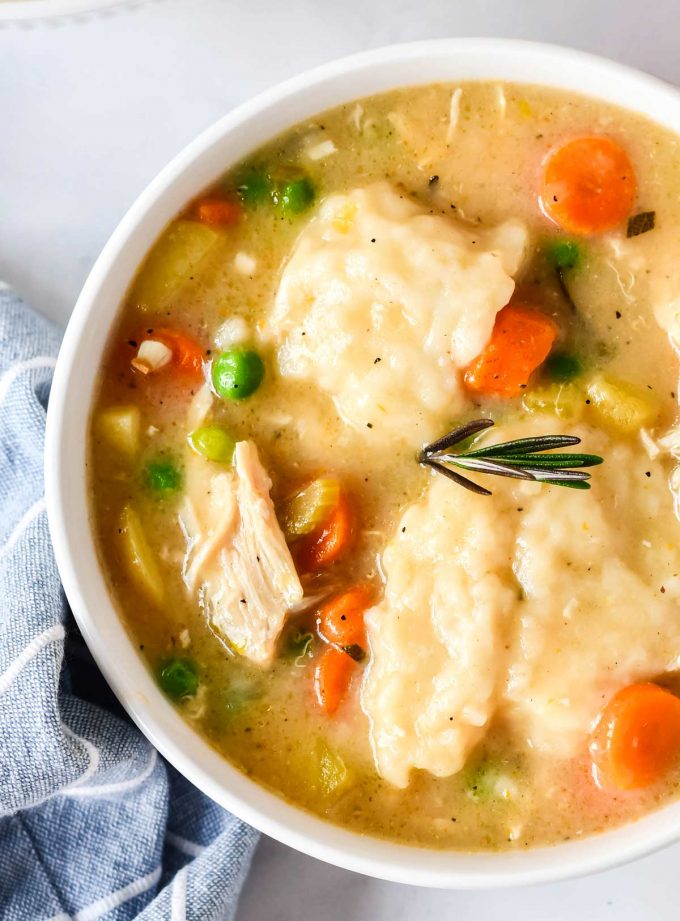 overhead view of bowl of chicken and dumplings soup