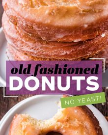 Golden brown on the outside and soft and fluffy on the inside, these Old Fashioned Sour Cream Donuts are made with simple ingredients and NO yeast!  Perfectly fried with nooks and crannies to hold the sweet vanilla glaze! #donuts #cakedonuts #oldfashioned #sourcream #baking #breakfast #pastry
