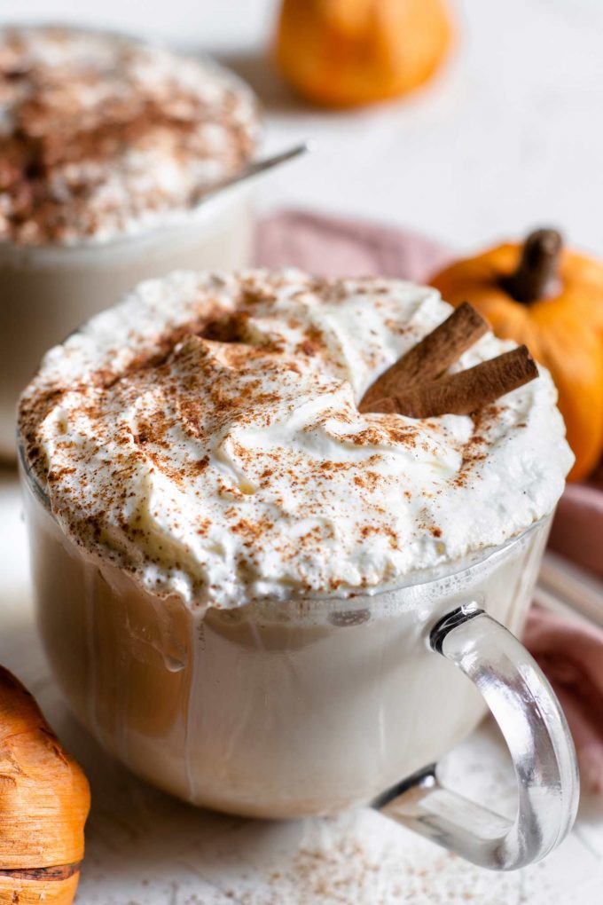 pumpkin latte in glass mug