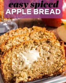 This moist Cinnamon Spiced Apple Bread is the perfect quick bread (no yeast!) for Fall. Bursting with pieces of apples and lots of sweet spice in every bite! #apples #cinnamon #bread #quickbread #applecinnamon #applespice #baking #fallbaking