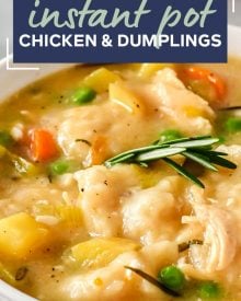 This hearty, old-fashioned chicken and dumplings recipe is always a family-pleasing meal and is ready quickly which makes it a great weeknight dinner option! #chicken #dumplings #chickenanddumplings #instantpot #pressurecooker #weeknight #easyrecipe #dinner