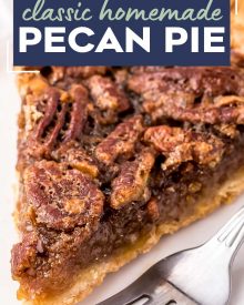 This Pecan Pie recipe is a classic Fall dessert, and a MUST for any Thanksgiving table.  Made with just a handful of simple ingredients, the gooey and sugary center, and the crisp nutty top make this the ultimate holiday dessert! #pecanpie #pie #pecan #thanksgiving #dessert #baking #holiday #holidaybaking #southern #homemadepie #fromscratch