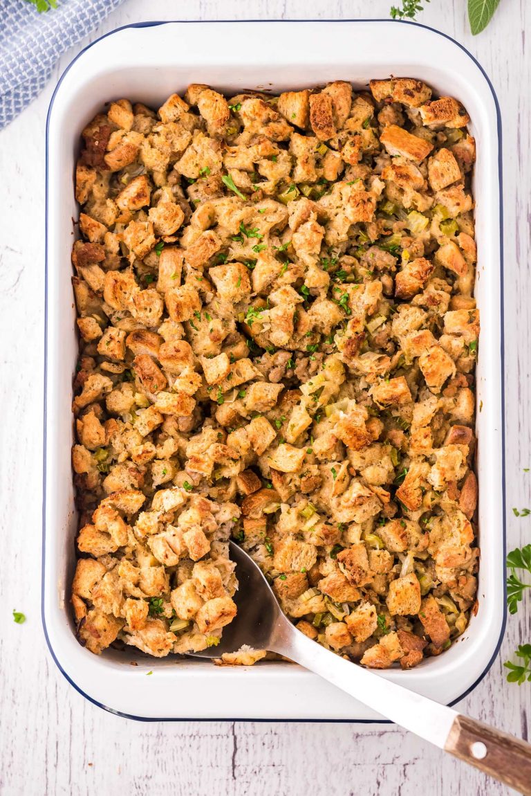 Classic Herb and Sausage Stuffing (make-ahead) - The Chunky Chef