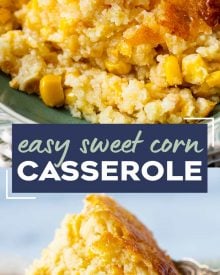 This easy Corn Casserole is a delicious recipe made with sweet corn, cornbread mix, eggs, milk, butter and sugar. Absolutely the perfect side dish for the holidays or family dinner, made with simple, staple ingredients! #corncasserole #cornpudding #jiffycorncasserole #sidedish #side #holidays #thanksgiving #corn   