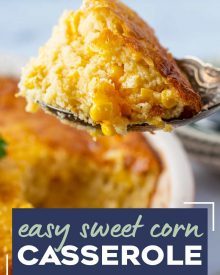 This easy Corn Casserole is a delicious recipe made with sweet corn, cornbread mix, eggs, milk, butter and sugar. Absolutely the perfect side dish for the holidays or family dinner, made with simple, staple ingredients! #corncasserole #cornpudding #jiffycorncasserole #sidedish #side #holidays #thanksgiving #corn   