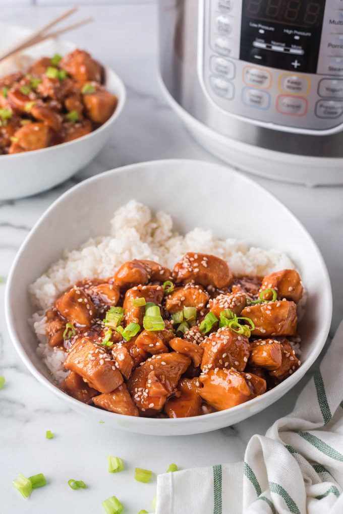 bowl with chicken and rice with instant pot in background