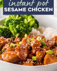 This Instant Pot Sesame Chicken is ready in about 30 minutes.  Tender chicken pieces coated in a glorious sweet sesame sauce with a little kick of spice, better than any takeout! #chicken #sesamechicken #asianchicken #instantpot #pressurecooker #sesame #sweetnspicy #dinner #easyrecipe #chickenrecipe