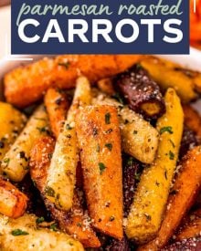 This classic Roasted Carrots recipe combines crisp fresh carrots, seasonings, garlic and Parmesan cheese, and bakes them until tender with lightly caramelized edges!  Savory with a natural sweetness from the carrots, it's the perfect side dish for the holidays or family dinner! #carrots #sidedish #vegetables #roasted #Parmesan #holiday #thanksgiving #easyrecipe #roastedveggies
