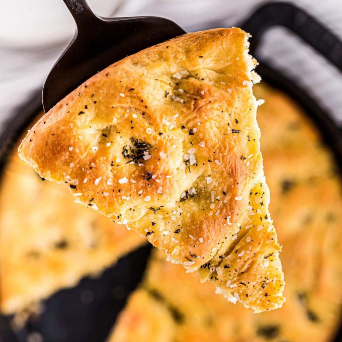 Slice of focaccia on spatula