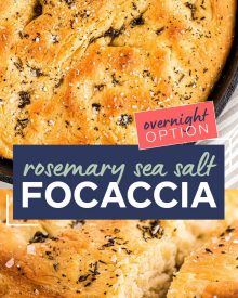 This easy focaccia recipe has a crispy crust, chewy middle, and plenty of herbs and salt in each bite!  With the option to let the dough rest for just a few hours, or overnight, this bread recipe is perfect for any dinner or party! #bread #focaccia #rosemary #seasalt #baking #yeast #baked #artisan #homemade