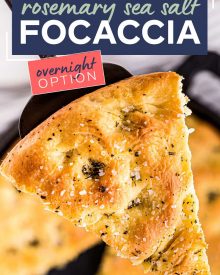 This easy focaccia recipe has a crispy crust, chewy middle, and plenty of herbs and salt in each bite!  With the option to let the dough rest for just a few hours, or overnight, this bread recipe is perfect for any dinner or party! #bread #focaccia #rosemary #seasalt #baking #yeast #baked #artisan #homemade