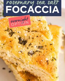 This easy focaccia recipe has a crispy crust, chewy middle, and plenty of herbs and salt in each bite!  With the option to let the dough rest for just a few hours, or overnight, this bread recipe is perfect for any dinner or party! #bread #focaccia #rosemary #seasalt #baking #yeast #baked #artisan #homemade