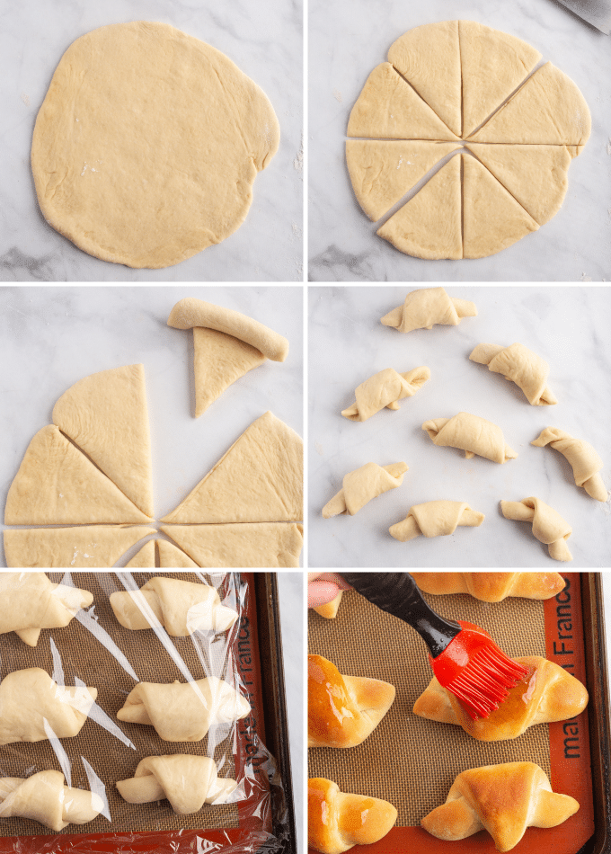 rolling out crescent roll dough and baking