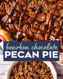 This Bourbon Chocolate Pecan Pie recipe is a fun twist on a classic Fall dessert, and a MUST for any Thanksgiving table.  The gooey, sugary center, warm oak-y flavor of the bourbon and decadent dark chocolate, and the crisp nutty top make this the ultimate holiday dessert! #pecanpie #pecan #chocolate #bourbon #thanksgiving #holiday #dessert #baking