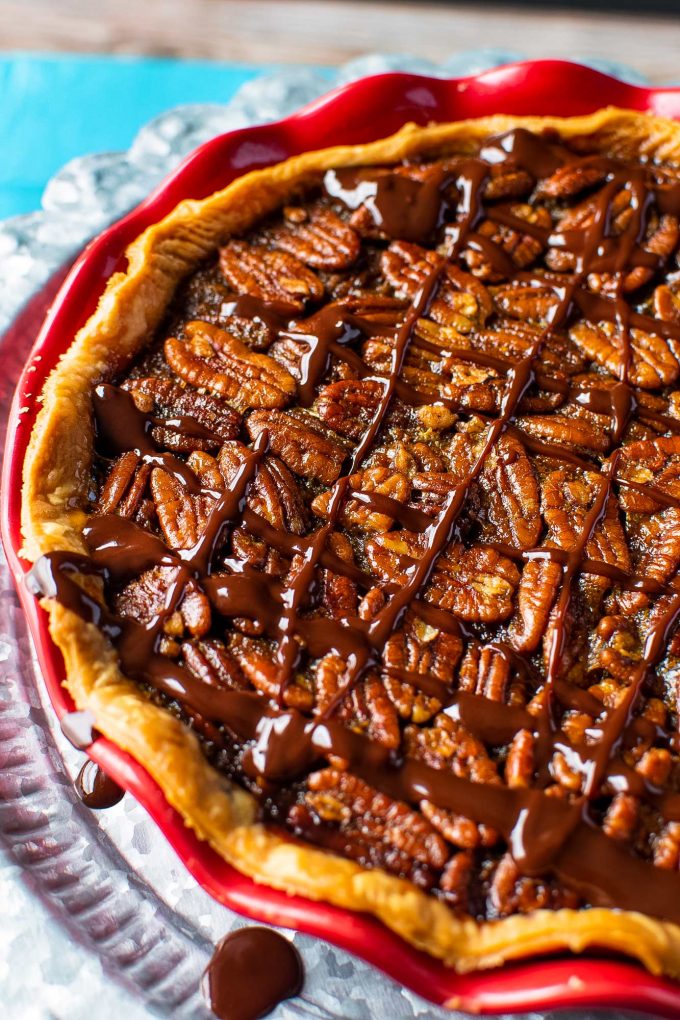 chocolate pecan pie drizzled with melted chocolate