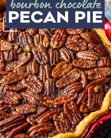 This Bourbon Chocolate Pecan Pie recipe is a fun twist on a classic Fall dessert, and a MUST for any Thanksgiving table.  The gooey, sugary center, warm oak-y flavor of the bourbon and decadent dark chocolate, and the crisp nutty top make this the ultimate holiday dessert! #pecanpie #pecan #chocolate #bourbon #thanksgiving #holiday #dessert #baking