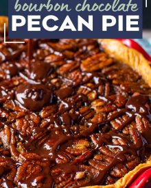 This Bourbon Chocolate Pecan Pie recipe is a fun twist on a classic Fall dessert, and a MUST for any Thanksgiving table.  The gooey, sugary center, warm oak-y flavor of the bourbon and decadent dark chocolate, and the crisp nutty top make this the ultimate holiday dessert! #pecanpie #pecan #chocolate #bourbon #thanksgiving #holiday #dessert #baking
