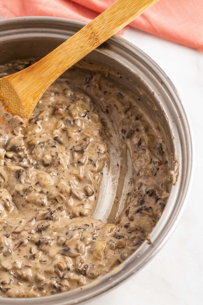 condensed mushroom soup in skillet