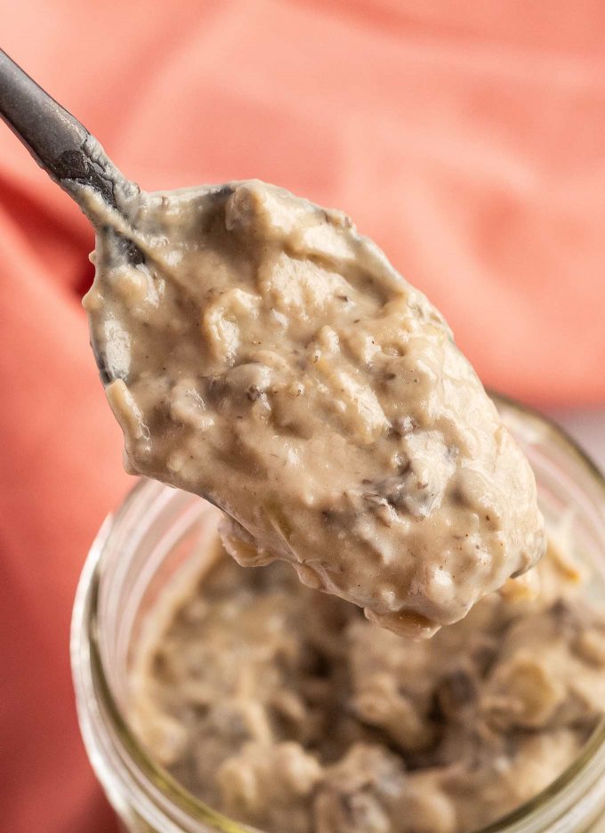 condensed cream of mushroom soup on spoon