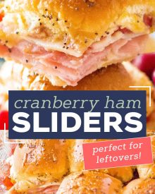 Looking for a great way to use up that leftover holiday ham? Try making these crowd pleasing Cranberry Ham Sliders!  Perfect with deli ham too, these quick and easy little Hawaiian roll sandwiches are a true family favorite! #ham #sliders #cranberry #leftovers #holiday #thanksgiving #christmas #hawaiianrolls