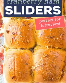 Looking for a great way to use up that leftover holiday ham? Try making these crowd pleasing Cranberry Ham Sliders!  Perfect with deli ham too, these quick and easy little Hawaiian roll sandwiches are a true family favorite! #ham #sliders #cranberry #leftovers #holiday #thanksgiving #christmas #hawaiianrolls