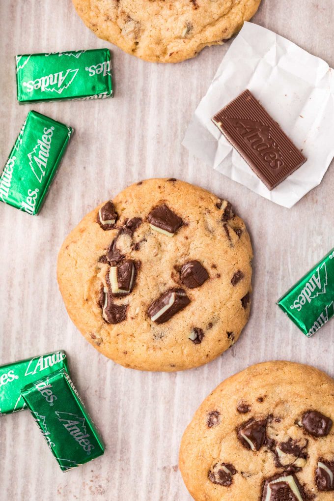 These soft and chewy Andes Mint Cookies are full of chocolate and mint flavor in every single bite!  Perfect for a cookie exchange or holiday gifting! #cookies #andes #mint #chocolate #baking #dessert #easyrecipe #holiday #christmas