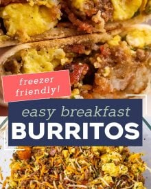 These breakfast burritos are packed with eggs, bacon, sausage, cheese and tater tots and will give you the protein punch you need to get your day started off right!  Easy to prep ahead and freeze, giving you amazing on-the-go burritos all week long! #breakfast #burritos #eggs #bacon #sausage #cheese #hashbrowns #tatertots #freezerfriendly #mealprep