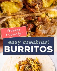 These breakfast burritos are packed with eggs, bacon, sausage, cheese and tater tots and will give you the protein punch you need to get your day started off right!  Easy to prep ahead and freeze, giving you amazing on-the-go burritos all week long! #breakfast #burritos #eggs #bacon #sausage #cheese #hashbrowns #tatertots #freezerfriendly #mealprep