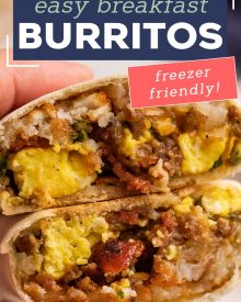 These breakfast burritos are packed with eggs, bacon, sausage, cheese and tater tots and will give you the protein punch you need to get your day started off right!  Easy to prep ahead and freeze, giving you amazing on-the-go burritos all week long! #breakfast #burritos #eggs #bacon #sausage #cheese #hashbrowns #tatertots #freezerfriendly #mealprep