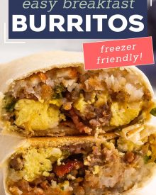 These breakfast burritos are packed with eggs, bacon, sausage, cheese and tater tots and will give you the protein punch you need to get your day started off right!  Easy to prep ahead and freeze, giving you amazing on-the-go burritos all week long! #breakfast #burritos #eggs #bacon #sausage #cheese #hashbrowns #tatertots #freezerfriendly #mealprep