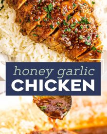 Juicy chicken breast cutlets, seared, tossed in a mouthwateringly simple honey garlic sauce, then broiled until sticky and caramelized. Made with simple ingredients, in one pan, and in just 30 minutes - including prep time! #chicken #chickenbreast #honeygarlic #onepan #onepot #30minuterecipe #familydinner #dinner #easyrecipe