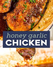 Juicy chicken breast cutlets, seared, tossed in a mouthwateringly simple honey garlic sauce, then broiled until sticky and caramelized. Made with simple ingredients, in one pan, and in just 30 minutes - including prep time! #chicken #chickenbreast #honeygarlic #onepan #onepot #30minuterecipe #familydinner #dinner #easyrecipe