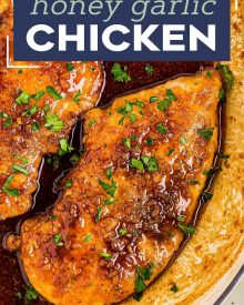 Juicy chicken breast cutlets, seared, tossed in a mouthwateringly simple honey garlic sauce, then broiled until sticky and caramelized. Made with simple ingredients, in one pan, and in just 30 minutes - including prep time! #chicken #chickenbreast #honeygarlic #onepan #onepot #30minuterecipe #familydinner #dinner #easyrecipe