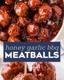 These crowd-pleasing tender meatballs are smothered in a super flavorful honey garlic bbq sauce.  Perfect for parties, this crockpot meatball recipe couldn't be more simple to make! #meatballs #crockpot #slowcooker #honeygarlic #bbq #appetizer #party #honey #garlic #easyrecipe