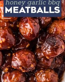 These crowd-pleasing tender meatballs are smothered in a super flavorful honey garlic bbq sauce.  Perfect for parties, this crockpot meatball recipe couldn't be more simple to make! #meatballs #crockpot #slowcooker #honeygarlic #bbq #appetizer #party #honey #garlic #easyrecipe