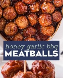 These crowd-pleasing tender meatballs are smothered in a super flavorful honey garlic bbq sauce.  Perfect for parties, this crockpot meatball recipe couldn't be more simple to make! #meatballs #crockpot #slowcooker #honeygarlic #bbq #appetizer #party #honey #garlic #easyrecipe