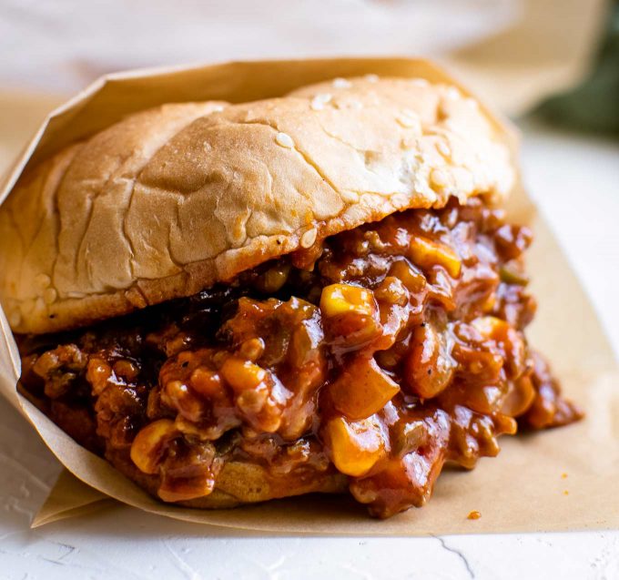 close up photo of sloppy joe sandwich