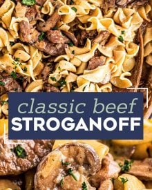 The Ultimate Beef Stroganoff is the most soul-warming comfort food around!  Tender beef strips, mushrooms and onions are smothered in a rich, beefy gravy and tossed with egg noodles.  Ready in about 30 minutes, it's a fabulous weeknight dinner option! #beef #beefstroganoff #stroganoff #comfortfood #dinner #weeknight #30minute #easyrecipe
