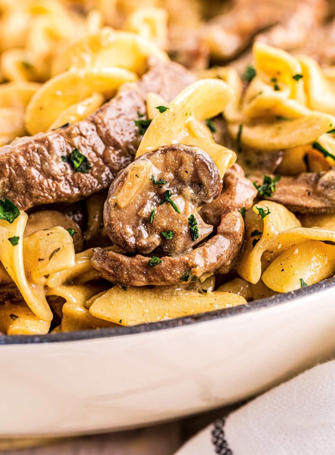 closeup of beef stroganoff in skillet