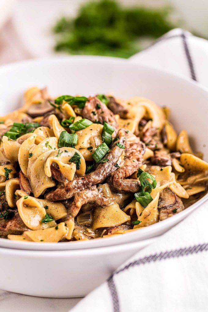 stroganoff in white bowl with beef