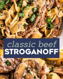 The Ultimate Beef Stroganoff is the most soul-warming comfort food around!  Tender beef strips, mushrooms and onions are smothered in a rich, beefy gravy and tossed with egg noodles.  Ready in about 30 minutes, it's a fabulous weeknight dinner option! #beef #beefstroganoff #stroganoff #comfortfood #dinner #weeknight #30minute #easyrecipe