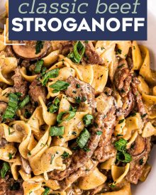 The Ultimate Beef Stroganoff is the most soul-warming comfort food around!  Tender beef strips, mushrooms and onions are smothered in a rich, beefy gravy and tossed with egg noodles.  Ready in about 30 minutes, it's a fabulous weeknight dinner option! #beef #beefstroganoff #stroganoff #comfortfood #dinner #weeknight #30minute #easyrecipe