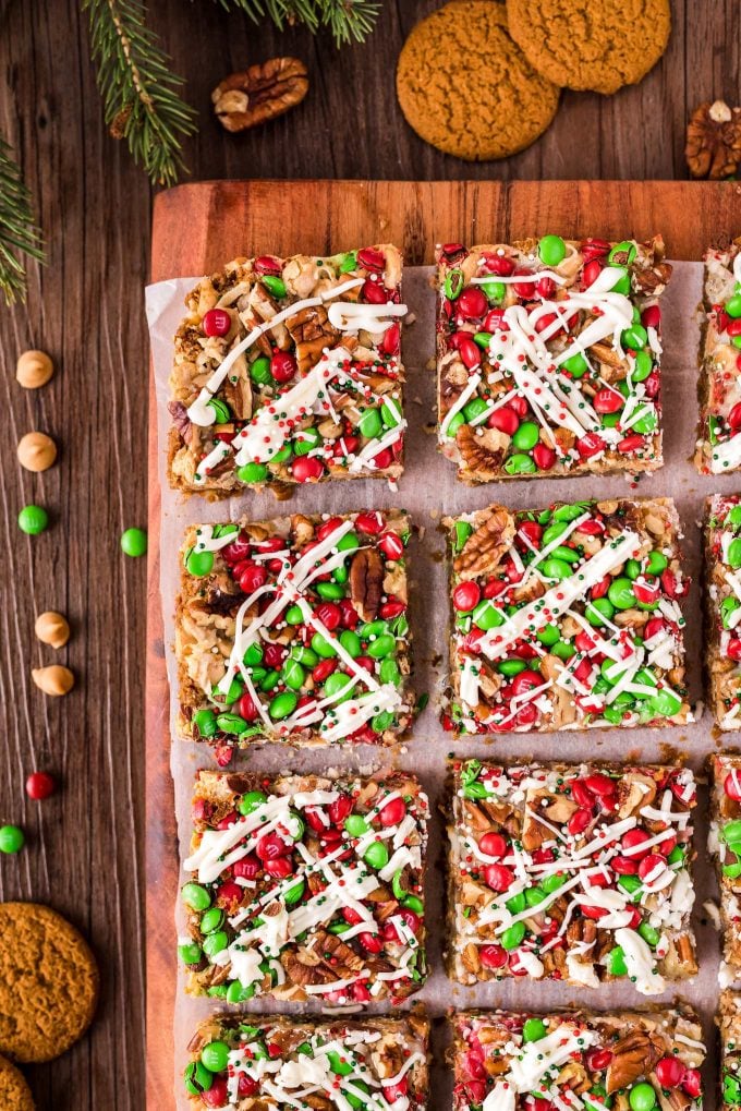 Sliced magic bars on cutting board