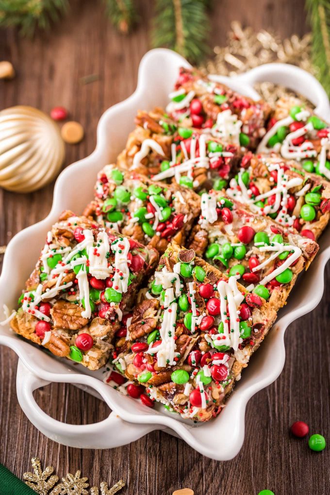 magic cookie bars in decorative dish