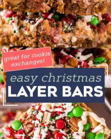 These easy Christmas 7 Layer Bars are great to make for the holidays!  Literally layer upon layer of deliciousness, this classic dessert goes by many names, such as magic cookie bars, hello dolly bars, etc... but no matter what you call them, they'll be a crowd-pleasing dessert! #7layerbars #magiccookiebars #hellodolly #kitchensink #sevenlayerbars #cookiebars #dessert #baking #holiday #christmas